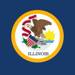 The image shows the flag of Illinois, featuring its state seal with a bald eagle, shield, and the text "State of Illinois" and "1818," which the post uses as a backdrop to claim the state is implementing a 0.2% tax on all Bitcoin transactions starting in 2027.