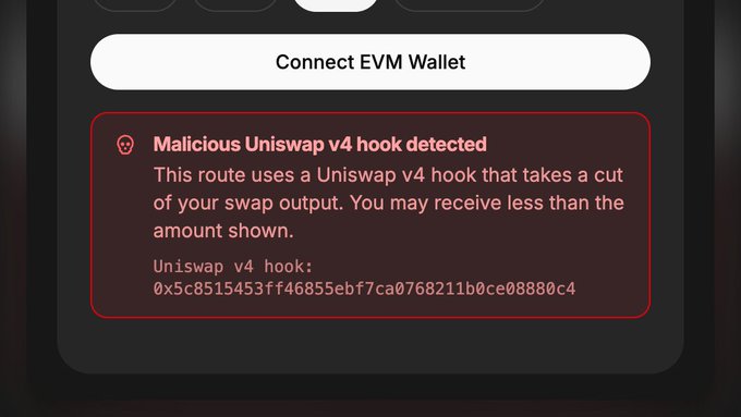 The image shows a "Connect EVM Wallet" interface with a red warning alert titled "Malicious Uniswap v4 hook detected," displaying the hook address 0x5c8515453ff46855ebf7ca0768211b0ce08880c4 and notifying the user that the route takes a cut of their swap output. The warning demonstrates how the app protects users by flagging swap routes that use malicious Uniswap v4 hooks before they execute a transaction.