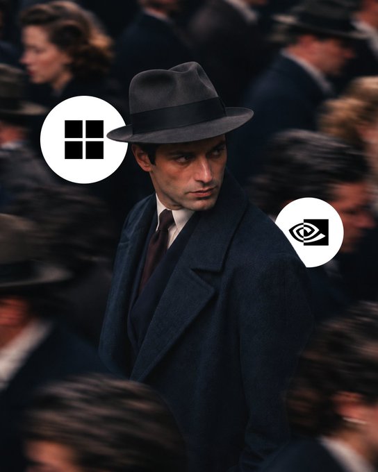 Stylized image of a man in a dark coat and fedora hat looking over his shoulder in a crowded scene, overlaid with two icons: a grid/window icon and an eye icon.