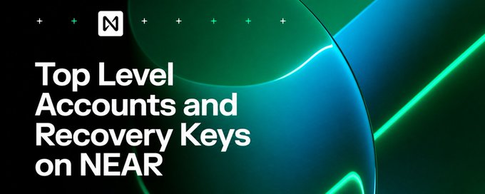 A dark banner with green neon accents displays the NEAR Protocol logo and the headline "Top Level Accounts and Recovery Keys on NEAR," visually introducing the post about NEAR's new feature for readable, sovereign account names with built-in recovery.