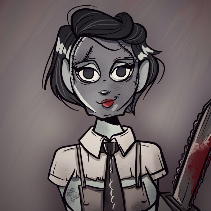 A digital cartoon illustration of a grey-skinned character with short black hair, stitched facial features, wearing a white shirt and black tie, holding a blood-stained chainsaw.
