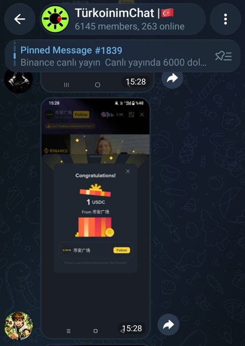 A Telegram chat screenshot titled 'TürkoimChat' shows a pinned message about a Binance live stream and a 'Congratulations! 1 USDC' reward popup.
