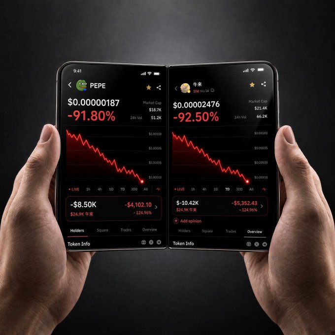 Two hands hold smartphones side by side displaying dramatic cryptocurrency crashes, with PEPE down 91.80% to $0.00000187 on the left and another token (未来) down 92.50% to $0.00002476 on the right, both showing steep red downward charts. The image perfectly matches the post by doubling down on the misery, letting viewers compare two catastrophic meme coin plunges simultaneously.