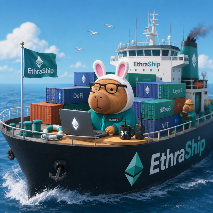 This image showcases a fictional cargo ship named "EthraShip" with an anthropomorphic rabbit dressed in a teal business suit and glasses standing in front of a laptop, symbolizing the integration of advanced technology in the maritime industry. The rabbit appears to be managing the vessel's operations, reflecting the post's notion that "EthraShip" represents an innovative approach to the traditionally unseen and underappreciated sector of global shipping, which is a critical yet overlooked component of the world economy. The image cleverly connects to the post by illustrating the concept of Randomized Weighted Assets (RWA) projects, like "EthraShip," which aim to bring transparency and efficiency to the maritime logistics that most people rely on but rarely recognize.