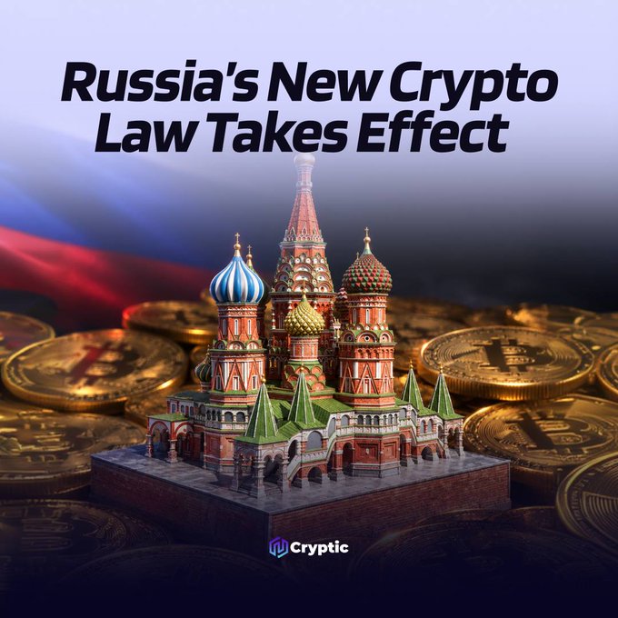 A miniature St. Basil's Cathedral sits atop a pile of golden Bitcoin coins with the Russian flag in the background, under the headline "Russia's New Crypto Law Takes Effect," visually symbolizing Russia's new regulatory framework for cryptocurrency trading, custody, and cross-border use.