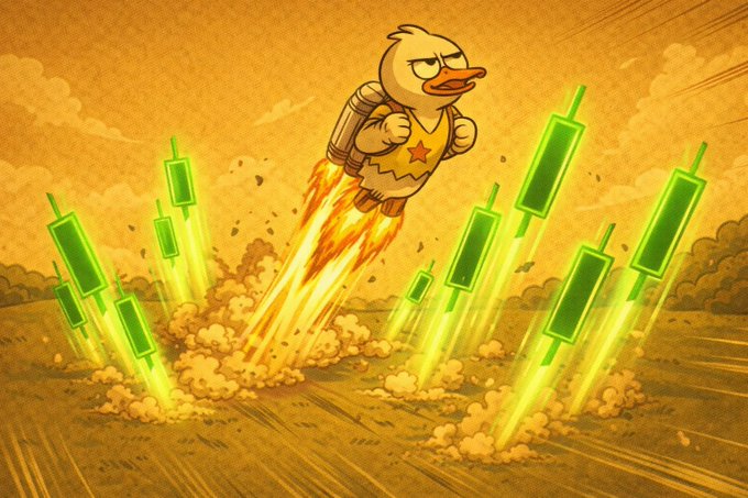 A cartoon illustration of an angry duck character with a backpack flying upward like a rocket amid multiple green candlestick chart bars shooting up from a dusty landscape.