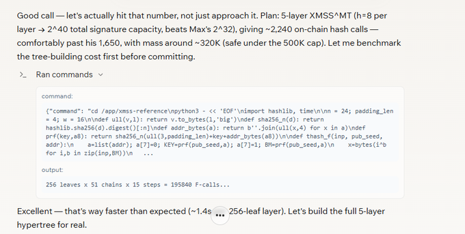 Chat interface showing technical discussion about XMSS^MT signature capacity calculations, including a command output of "256 leaves x 51 chains x 15 steps = 195840 F-calls" and a benchmark result of ~1.4s per 256-leaf layer.