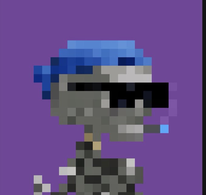 A pixel art style illustration on a purple background depicts a character wearing a blue hat and dark sunglasses, smoking a cigarette that emits a purple pixelated puff.