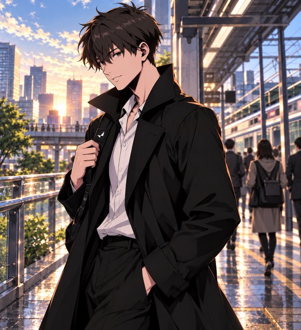 An anime-style illustration features a handsome young man with messy brown hair wearing a long black coat over a white shirt, standing confidently on a sunlit city street at sunset while other pedestrians walk in the background.