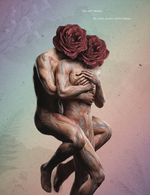 The image features two nude men embracing each other with roses in their heads. The background of the image has a gradient effect that blends pink and blue colors together. The caption above the image reads, "You are a testament not a tragedy. You deserve to thrive and not just".