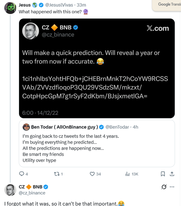 A tweet from CZ (@cz_binance) posted on 14/12/22 at 6:00 contains a cryptic string of text/encoded message that he promised to reveal "a year or two from now if accurate," with a reply noting "I forgot what it was, so it can't be that important." The accompanying context suggests this mysterious post was significant, with the claim that it "XchangedTheWorld."