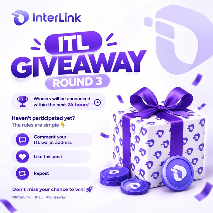 A promotional graphic for 'InterLink ITL GIVEAWAY ROUND 3' announces that winners will be revealed within 24 hours, instructing participants to comment their ITL wallet address, like the post, and repost, featuring a purple gift box and InterLink coins.