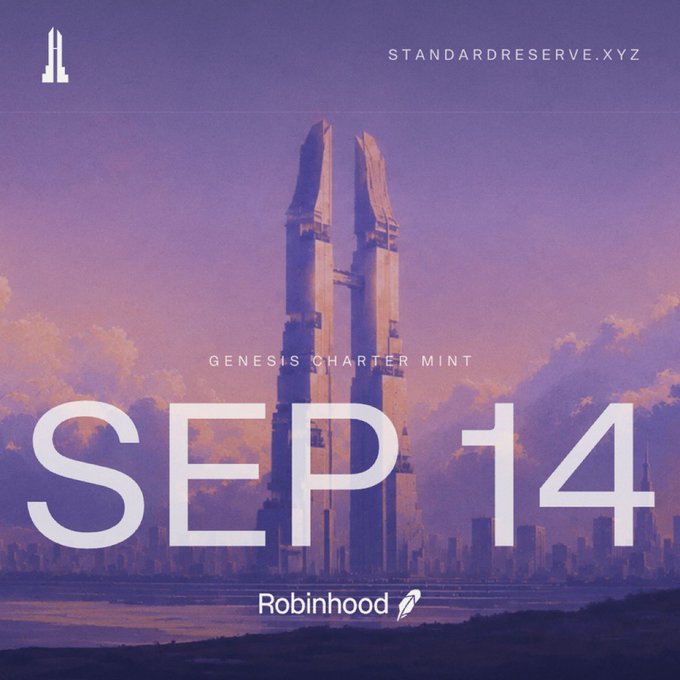 A promotional graphic for 'GENESIS CHARTER MINT' featuring a futuristic twin-tower structure against a purple sky, with text 'SEP 14', 'STANDARDRESERVE.XYZ', and the 'Robinhood' logo.