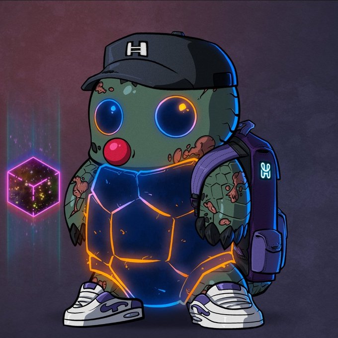 A cartoon illustration of a small, green, zombie-like turtle character wearing a black cap with an 'H', a glowing orange and blue hexagonal-patterned shirt, a purple backpack, and sneakers.