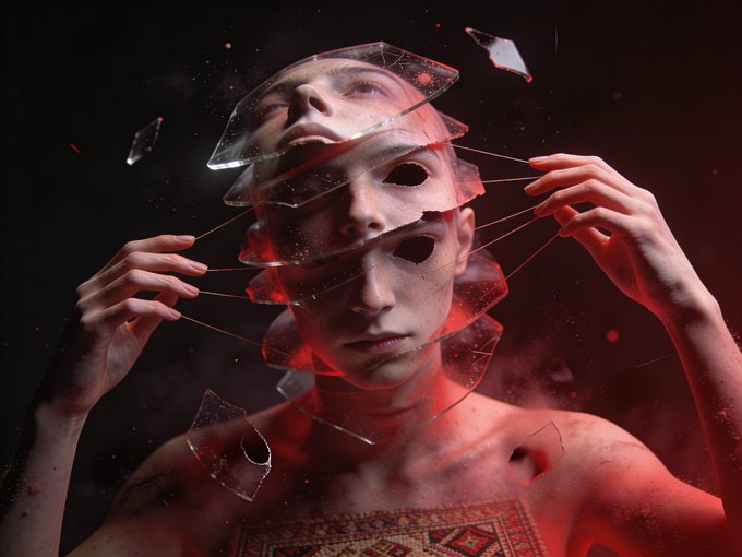 A surreal digital artwork depicting a figure with shattered glass fragments floating around their head and face, illuminated in red tones.
