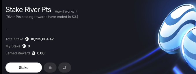 A digital interface showing 'Stake River Pts' staking details, indicating that rewards have ended in S3, with a Total Stake of 10,239,804.42 tokens and My Stake at 0. A 'Stake' button is visible at the bottom left.