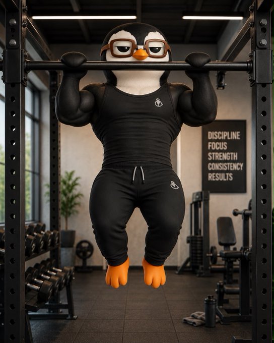 A muscular penguin character wearing glasses and black athletic wear performs pull-ups on a bar in a gym, with a wall poster reading "DISCIPLINE FOCUS STRENGTH CONSISTENCY RESULTS."