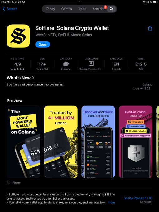 App Store listing for Solflare: Solana Crypto Wallet, a Web3 NFT, DeFi & Meme Coin app with 4.9 rating and 4+ million users.