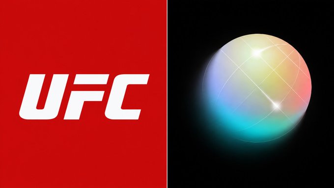 The image shows the UFC logo in white on a red background alongside the colorful spherical World logo on a black background, representing the partnership where UFC prediction markets have launched on the World platform with its 30M+ user ecosystem.