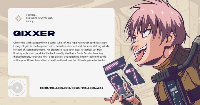 The image shows an anime-style character profile card for "GIXXER," a Kazegami from "The Deep Wasteland" Tier 3, featuring a pink-haired male character with a manic grin holding up trading cards displaying the Code Bender "BENDY." The accompanying text describes Gixxer as a wild wind surfer turned tech gear specialist, with a link to read their full backstory at memo.finalbosu.com/bosu/finalbosu/6009.