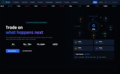 Screenshot of a crypto trading website with the headline 'Trade on what happens next' on a dark theme interface.
