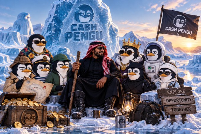 A group of penguins in various outfits (sailor, detective, astronaut, king, etc.) gather in an icy landscape around a central figure dressed in traditional Arab attire, with a large "CASH PENGU" logo etched into an iceberg behind them, a "CASH PENGU" flag flying, and a treasure chest overflowing with coins alongside a sign reading "EXPLORE OPPORTUNITY TOGETHER." The image promotes the Cash Pengu token ($cashpenguHQ) on Robinhood Chain, visually tying the penguin mascot to themes of adventure, community, and crypto treasure.