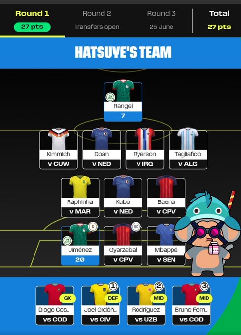 In the image, there are two soccer teams listed along with their respective team names and jersey colors against a black background. One of the soccer teams has won three games out of five matches that have been played. The second team is not doing well at all (0 wins). A cute cartoon character wearing a blue hat and sunglasses is standing near one of the teams, adding a playful touch to the sports-themed scene.