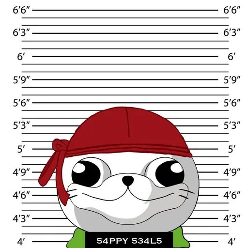 A cartoon white seal-like character wearing a red bandana is depicted in a police lineup mugshot measuring between 4'6" and 4'9", with the label '54PPY 534L5' on its shirt.