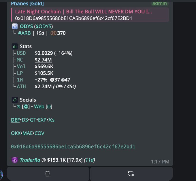 A Discord post from "TraderRa" in the "Phanes [Gold]" channel displays trading stats for ODYS ($ODYS) on the Arbitrum (#ARB) network, showing a market cap of $2.74M with a +164% price increase, highlighting the token's strong price action and 18x growth from the $153.1K entry point mentioned by @LadyTraderRa.