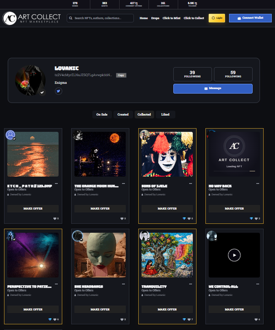 Profile page for user 'LOVANIC' (Enigma) on the 'ART COLLECT NFT MARKETPLACE', showing 39 followers, 99 following, and a grid of listed NFT artworks including 'ETCH...PATH OF LONELINESS', 'THE ORANGE MOON FOR HOPE', 'SONS OF SLEIM', 'NO WAY BACK', 'PERSPECTIVE TO PATHS', 'SHE HEADACHES', 'TRANQUILITY', and 'HE CONTROLS ME'.