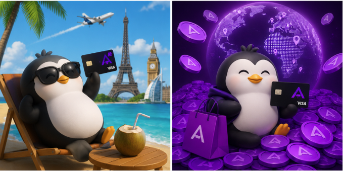 The image shows two different scenes featuring penguins holding cards with the letters "A" and "V" printed on them. The first scene depicts a penguin sitting on a beach chair, wearing sunglasses and holding a card that says "A". The second scene features another penguin sitting in an airplane seat while holding a card that reads "V". Both scenes are set against a backdrop of the sky with clouds.
