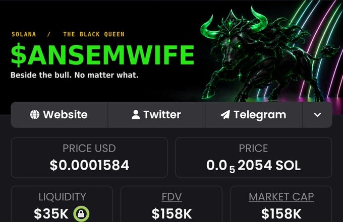 A cryptocurrency token page for $ANSEMWIFE on Solana, subtitled 'The Black Queen' and 'Beside the bull. No matter what,' displaying a price of $0.0001584, 0.00000052054 SOL, $35K liquidity, and a $158K market cap.