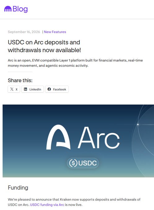 A blog announcement from September 16, 2026, titled 'USDC on Arc deposits and withdrawals now available!' from a platform with the 'm' logo, describing Arc as an open, EVM compatible Layer 1 platform, announcing Kraken's support for USDC on Arc.