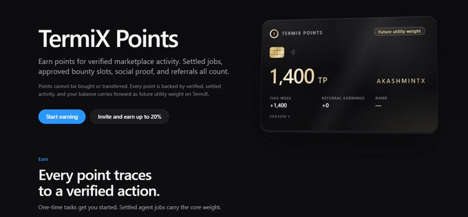 A webpage for TermiX Points explaining how users can earn points for verified marketplace activity, displaying a profile card for AKASHMINTX with a balance of 1,400 TP.
