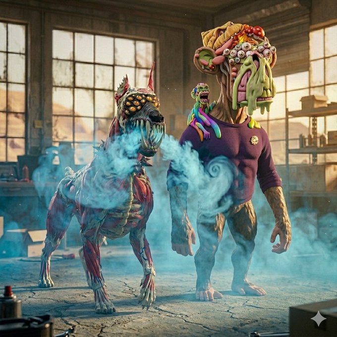 The image features a dog with human-like features, such as a purple shirt and a mask, standing next to another dog wearing a costume that resembles a person or monster. The two dogs are positioned close together, creating an interesting scene. In the background, there is a window and a desk, suggesting that they might be in a room like a workshop or a studio where art projects take place. The image also includes text elements related to the post "Gm & an awesome Wednesday to you all. Be grateful & keep it moving".