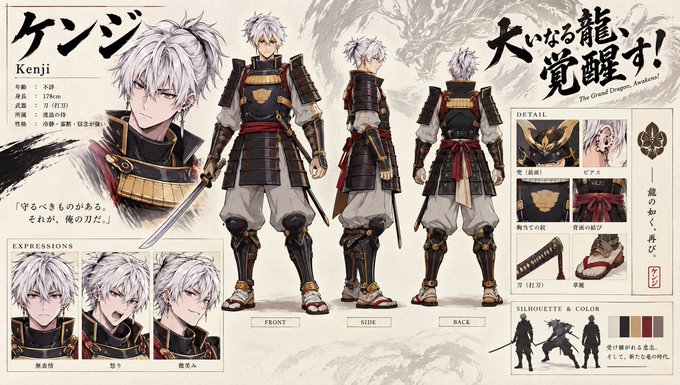 An anime character reference sheet for 'Kenji' from '大いなる龍、覚醒す! (The Grand Dragon, Awakens!)' displays multiple views of a white-haired samurai in dark armor, along with expression sheets and detail callouts in Japanese.