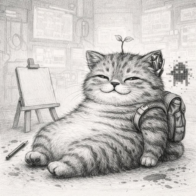 A detailed pencil sketch of a smiling, content-looking cat with a small plant sprouting from its head, wearing a backpack, sitting beside an easel with a pixelated 'space invader' in the background.