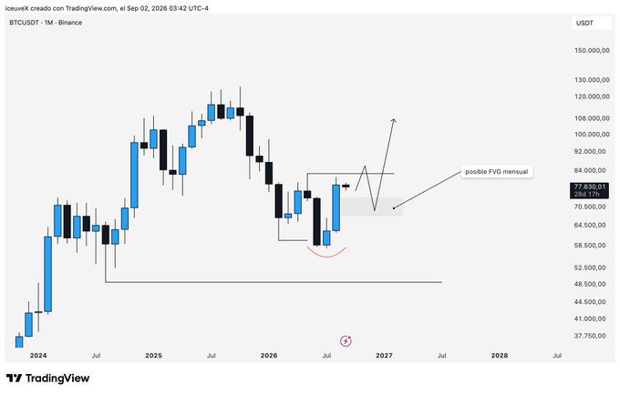 A TradingView candlestick chart of BTCUSDT on Binance, showing a possible FVG mensur pattern with price targets marked between 2024 and 2028.