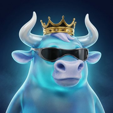 A 3D-rendered stylized blue bull wearing black sunglasses and a gold crown, representing a 'bull market' mascot against a dark background.