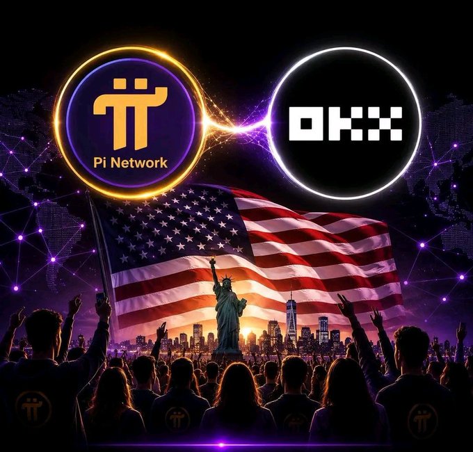 A promotional graphic for Pi Network and OKX exchange partnership, featuring both logos connected by a lightning bolt above an American flag, Statue of Liberty, and cheering crowd.