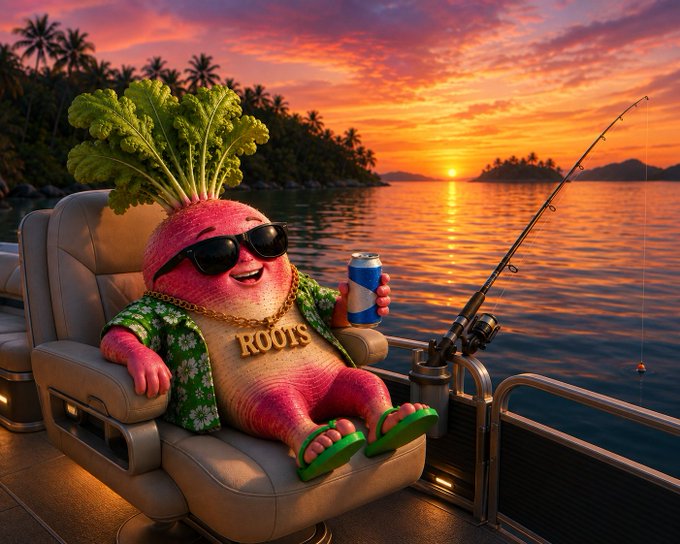 An anthropomorphic pink beetroot character wearing sunglasses, a gold 'ROOTS' chain, and green sandals relaxes in a chair on a boat at sunset, holding a blue can next to a fishing rod.