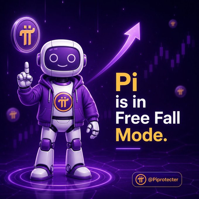 A promotional graphic featuring a purple and white robot character wearing a hoodie with a Pi Network logo, set against a dark background with the text 'Pi is in Free Fall Mode.' and a handle '@Piprotecter'.