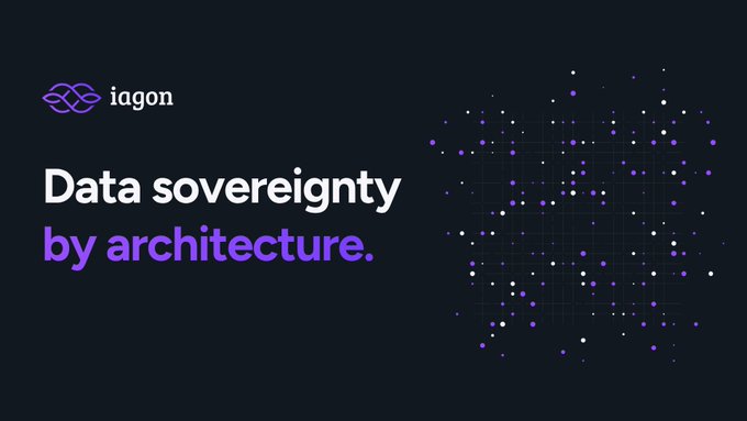 A minimalist dark-themed promotional image for 'iagon' featuring a purple infinity-style logo and the text 'Data sovereignty by architecture.' alongside a network visualization of purple and white dots.