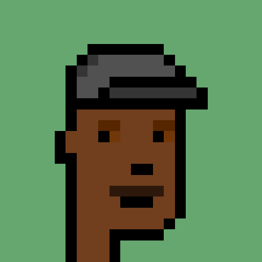 A pixel art portrait of a smiling dark-skinned character with a small cap, set against a bright green background.