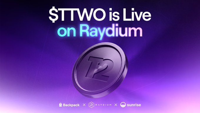 A promotional graphic announcing "$TTWO is Live on Raydium" featuring a stylized purple R coin, with partner logos for Backpack, Raydium, and Sunrise displayed at the bottom—visually supporting the post's announcement that tokenized shares of Take-Two Interactive are now trading 24/7 on Solana via Sunrise.