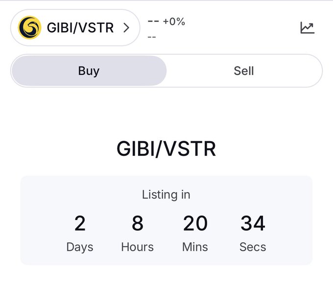 Mobile app interface showing a trading pair 'GIBI/VSTR' with Buy and Sell options and a countdown timer indicating 'Listing in 2 Days, 8 Hours, 20 Mins, 34 Secs'.