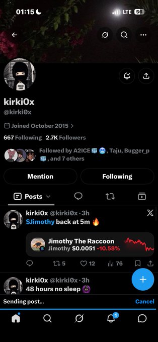 A screenshot of the X (Twitter) social media profile for user 'kirki0x' (@kirki0x), showing they joined October 2015, have 2.7K followers, and post about crypto including 'Jimothy The Raccoon' showing -10.58%.