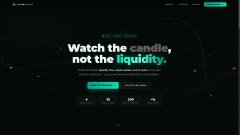 A dark website homepage with neon green accents and the tagline "Watch the candle, not the liquidity." along with numerical statistics.