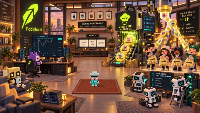 A 3D-rendered workspace scene features 'Robinhood' and 'Vibe' branding, with cartoon avatars, robots, and a 'VIBE LAUNCHPAD' display in a modern office setting.