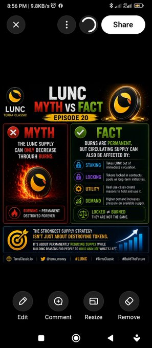 A 'LUNC MYTH VS FACT EPISODE 20' infographic by TerraClassic.io comparing myths and facts about LUNC (Terra Classic) burning and staking mechanisms.
